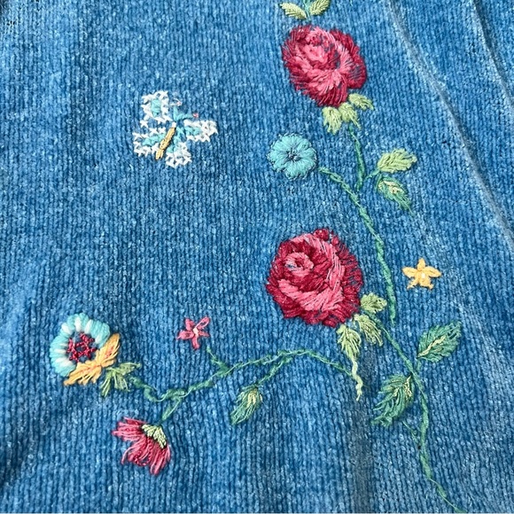 Vintage Alfred Dunner Blue Embroidered Floral/Butterfly Chenille Sweater Size L - Picture 3 of 9